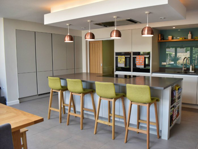 Apartment MDF PVC Finish White Kitchen Cabinet With Island Design